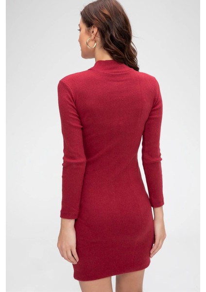 Marsilyan- Kadın Bordo Kaşkorse Balıkçı Yaka Uzun Kollu Bodycon Mini Elbise fırsatları