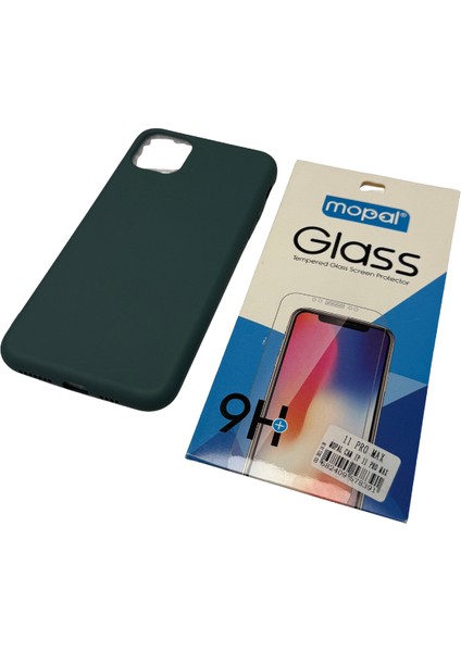 Iphone 11 Pro Max Koyu Yeşil Silikon Kılıf Kırılmaz Cam Hediye