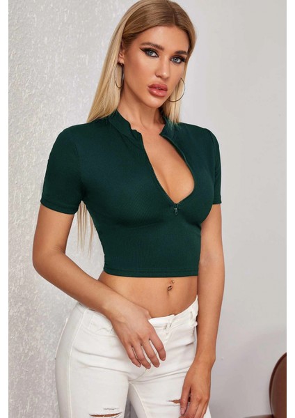 Marsilyan- Kadın Yeşil Yarım Fermuarlı ve Kısa Kollu Crop Top Bluz