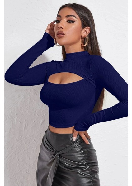 Marsilyan- Kadın Lacivert Göğüs Dekolteli Uzun Kollu Cut Out Crop Top Bluz indirimleri