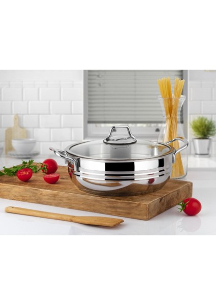 24 cm Çelik Tencere, Cam Kapak, Basık Kulp, Dayanıklı ve Şık Tasarım