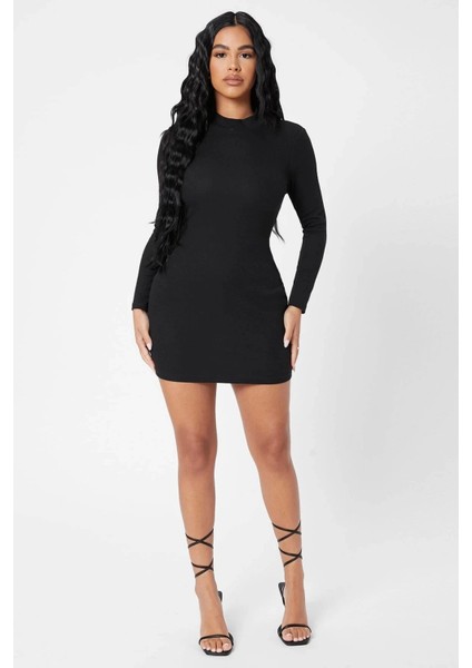 Marsilyan- Kadın Siyah Kaşkorse Balıkçı Yaka Uzun Kollu Bodycon Mini Elbise modelleri