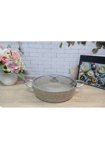 Indüksiyonlu Granit Karnıyarık Tencere 24X7.5 cm Bej