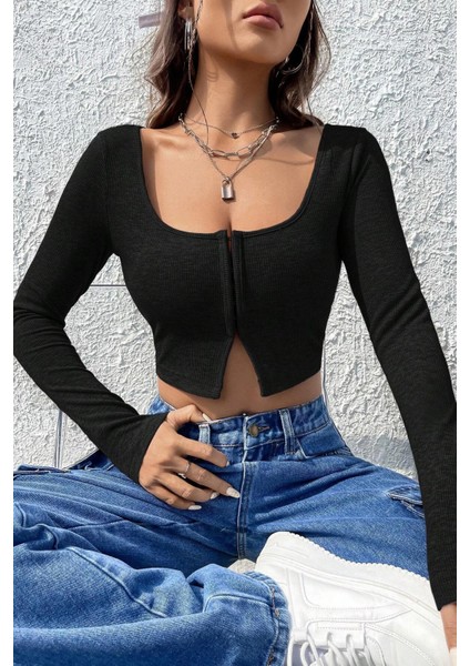 Marsilyan- Kadın Siyah Uzun Kollu Agraflı Göğüs ve Göbek Dekolteli Crop Top Bluz indirimleri