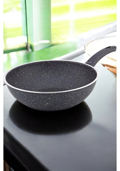 24 cm Yanmaz ve Yapışmaz Wok Tava, Gri, Dayanıklı ve Şık Tasarım