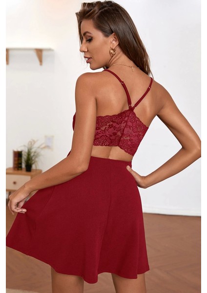 Marsilyan- Kadın Bordo Ip Askılı, Sırtı ve Göğsü Dantel Detaylı Şık Gecelik