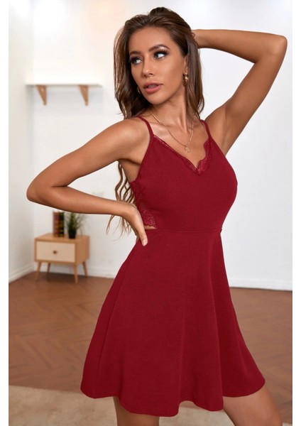 Marsilyan- Kadın Bordo Ip Askılı, Sırtı ve Göğsü Dantel Detaylı Şık Gecelik modelleri