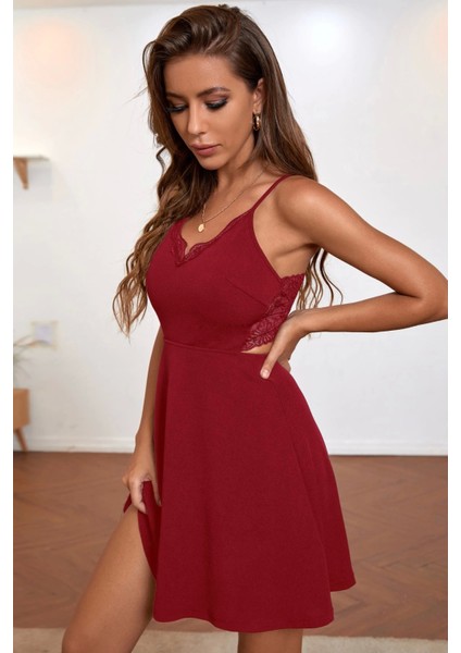 Marsilyan- Kadın Bordo Ip Askılı, Sırtı ve Göğsü Dantel Detaylı Şık Gecelik fırsatları