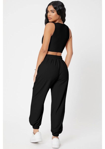 Marsilyan- Kadın Siyah Kaşkorse Cepli Jogger Eşofman Altı ve Crop Top Bluz fiyatları