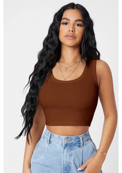 Marsilyan- Kadın Kahverengi Kare Yaka Crop Top Bluz