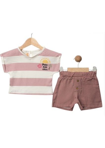 Kız Bebek Şortlu Takım 2'li & Çizgi Desenli Pembe Tişört & Şort Takım