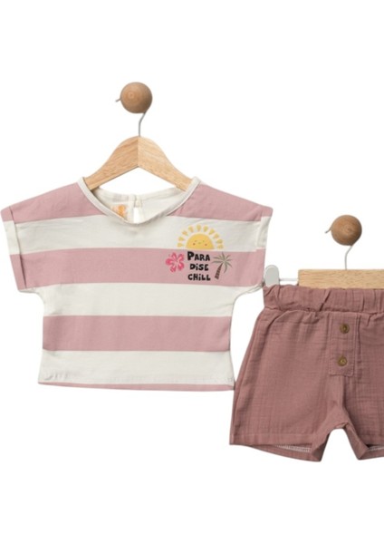 Kız Bebek Şortlu Takım 2'li & Çizgi Desenli Pembe Tişört & Şort Takım fiyatları