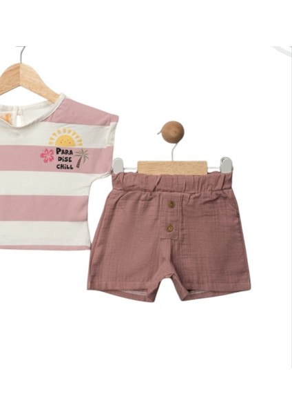 Kız Bebek Şortlu Takım 2'li & Çizgi Desenli Pembe Tişört & Şort Takım modelleri
