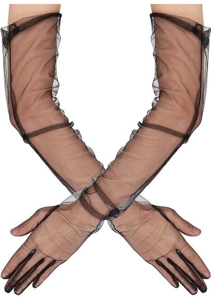 Uzun Boy Likralı Siyah Yetişkin Mega Tül Eldiven