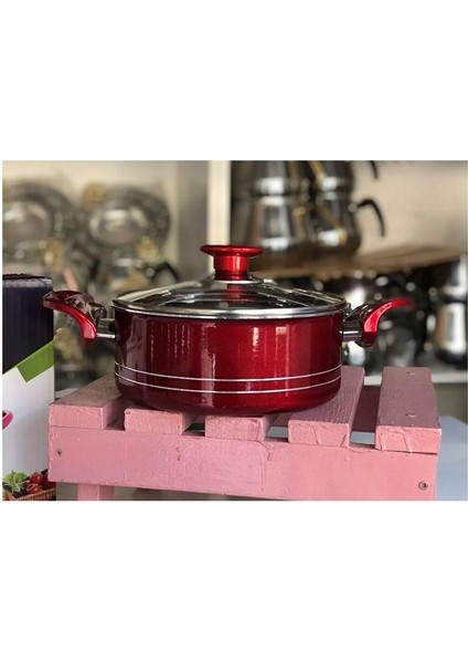 Kırmızı 22 cm Derin Teflon Tencere, Cam Kapaklı, Çift Kulplu