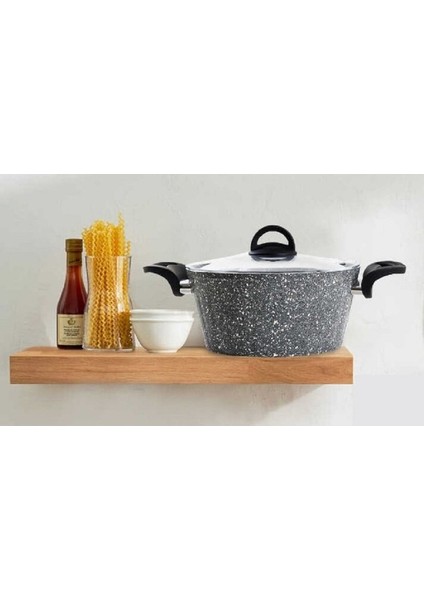 26 cm Granit Derin Tencere, Gri Cam Kapaklı, Dayanıklı ve Şık Tasarım