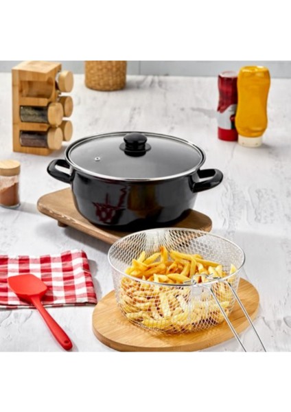 Siyah Emaye Kapaklı Kızartma Tencere ve Fritöz, Patates Için Ideal Kullanım