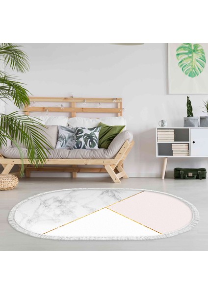 Kaymaz Dijital Mutfak & Salon Halı Star Pamuk Saçaklı Oval Geometrik E5008 Beyaz