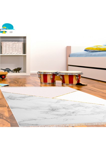 Kaymaz Dijital Mutfak & Salon Halı Yıldız Deri Saçaklı Geometrik E5008 Beyaz