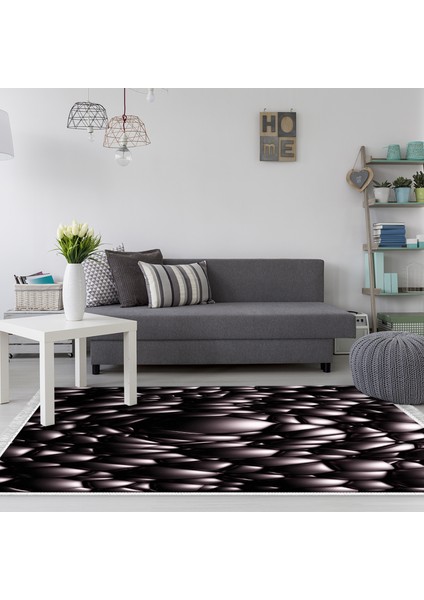Kaymaz Dijital Mutfak & Salon Halı Yıldız Deri Saçaklı Geometrik E5009 Siyah