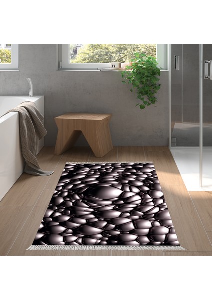 Kaymaz Dijital Mutfak & Salon Halı Yıldız Deri Saçaklı Geometrik E5009 Siyah