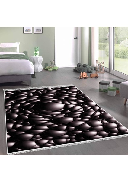 Kaymaz Dijital Mutfak & Salon Halı Yıldız Deri Saçaklı Geometrik E5009 Siyah