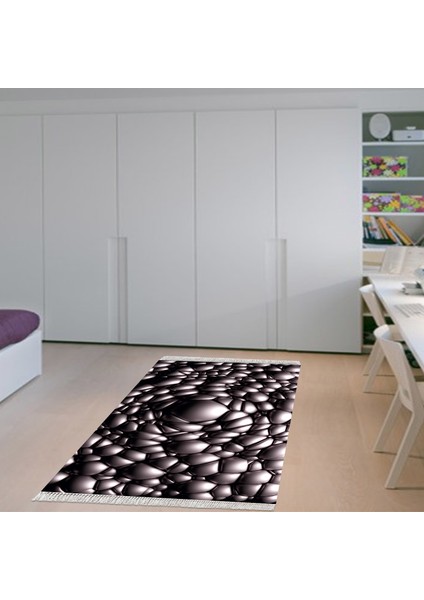 Kaymaz Dijital Mutfak & Salon Halı Yıldız Deri Saçaklı Geometrik E5009 Siyah