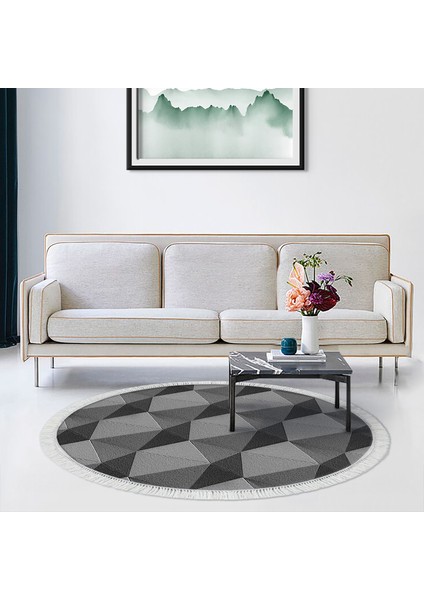 Kaymaz Dijital Mutfak & Salon Halı Trend Saçaklı Yuvarlak Geometrik E5010 Gri