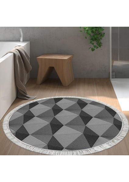 Kaymaz Dijital Mutfak & Salon Halı Trend Saçaklı Yuvarlak Geometrik E5010 Gri