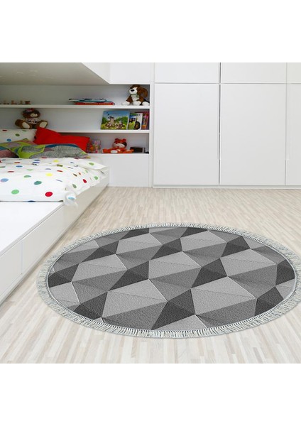 Kaymaz Dijital Mutfak & Salon Halı Trend Saçaklı Yuvarlak Geometrik E5010 Gri