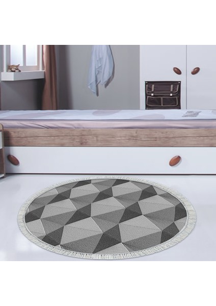 Kaymaz Dijital Mutfak & Salon Halı Trend Saçaklı Yuvarlak Geometrik E5010 Gri