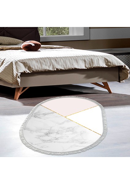 Kaymaz Dijital Mutfak & Salon Halı Yıldız Deri Saçaklı Oval Geometrik E5008 Beyaz