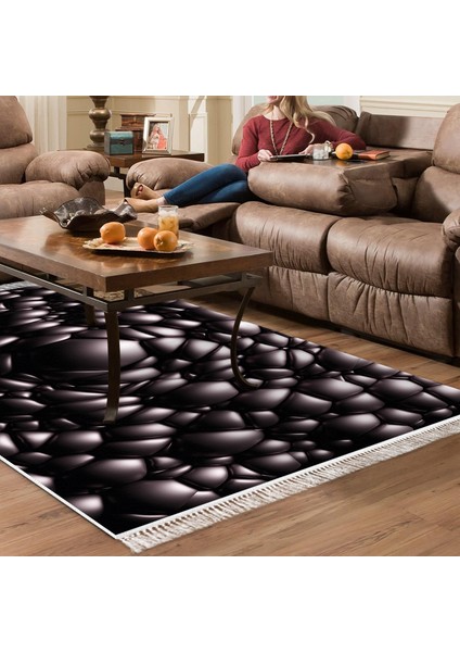 Kaymaz Dijital Mutfak & Salon Halı Trend Saçaklı Geometrik E5009 Siyah