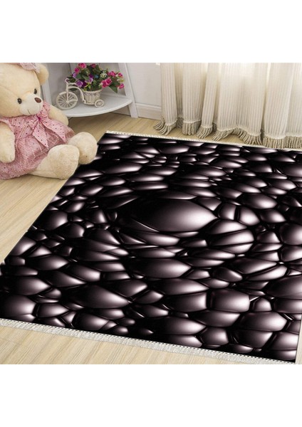 Kaymaz Dijital Mutfak & Salon Halı Trend Saçaklı Geometrik E5009 Siyah