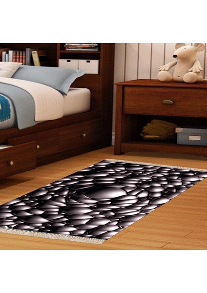 Kaymaz Dijital Mutfak & Salon Halı Trend Saçaklı Geometrik E5009 Siyah