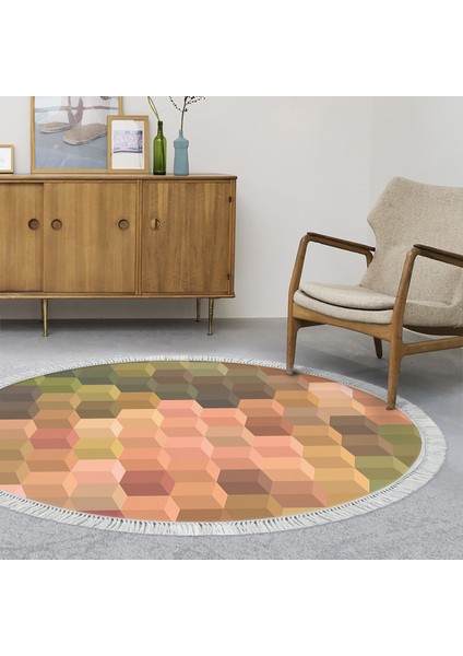 Kaymaz Dijital Mutfak & Salon Halı Yıldız Deri Saçaklı Yuvarlak Geometrik E5014 Renkli