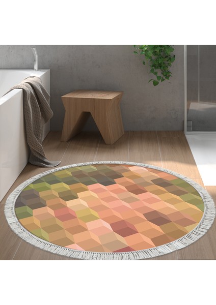 Kaymaz Dijital Mutfak & Salon Halı Yıldız Deri Saçaklı Yuvarlak Geometrik E5014 Renkli