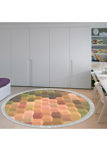 Kaymaz Dijital Mutfak & Salon Halı Yıldız Deri Saçaklı Yuvarlak Geometrik E5014 Renkli