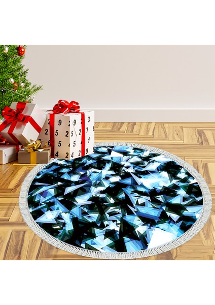 Kaymaz Dijital Mutfak & Salon Halı Trend Saçaklı Yuvarlak Geometrik E5012 Mavi