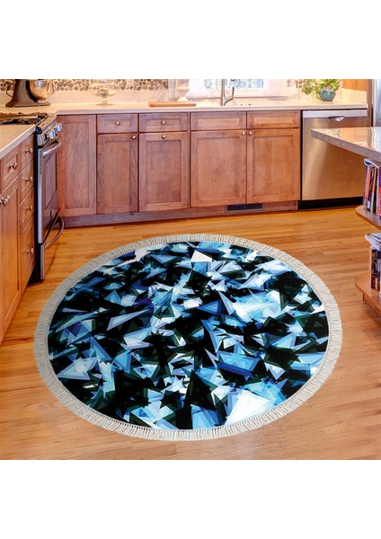Kaymaz Dijital Mutfak & Salon Halı Trend Saçaklı Yuvarlak Geometrik E5012 Mavi indirimleri