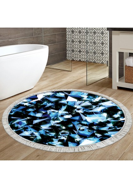 Kaymaz Dijital Mutfak & Salon Halı Trend Saçaklı Yuvarlak Geometrik E5012 Mavi