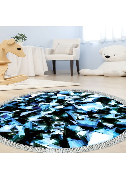 Kaymaz Dijital Mutfak & Salon Halı Trend Saçaklı Yuvarlak Geometrik E5012 Mavi
