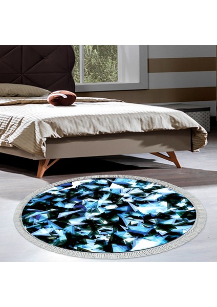 Kaymaz Dijital Mutfak & Salon Halı Trend Saçaklı Yuvarlak Geometrik E5012 Mavi