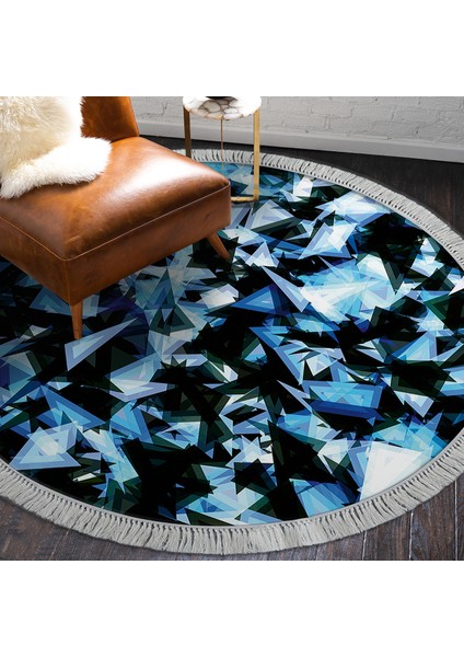 Kaymaz Dijital Mutfak & Salon Halı Yıldız Deri Saçaklı Yuvarlak Geometrik E5012 Mavi