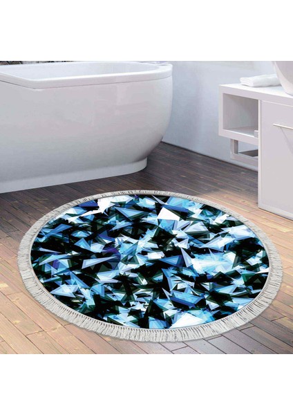 Kaymaz Dijital Mutfak & Salon Halı Yıldız Deri Saçaklı Yuvarlak Geometrik E5012 Mavi