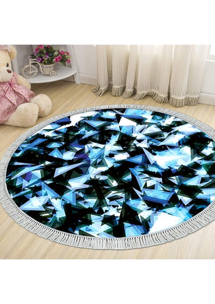 Kaymaz Dijital Mutfak & Salon Halı Yıldız Deri Saçaklı Yuvarlak Geometrik E5012 Mavi