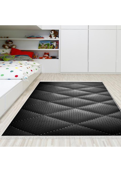 Kaymaz Dijital Mutfak & Salon Halı Star Pamuk Saçaklı Geometrik E5013 Siyah