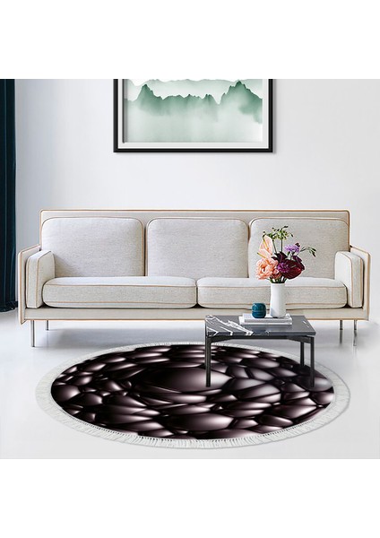 Kaymaz Dijital Mutfak & Salon Halı Trend Saçaklı Yuvarlak Geometrik E5009 Siyah