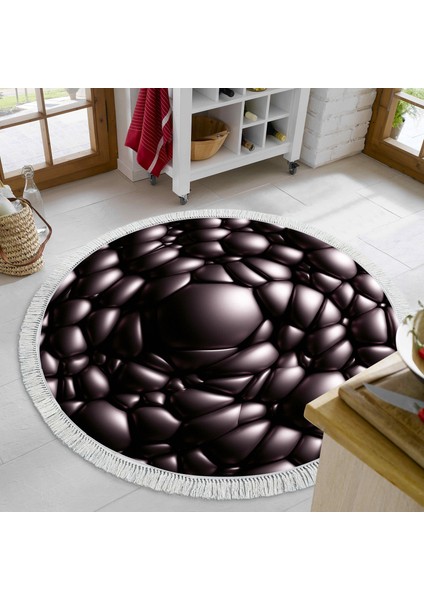 Kaymaz Dijital Mutfak & Salon Halı Trend Saçaklı Yuvarlak Geometrik E5009 Siyah indirimleri