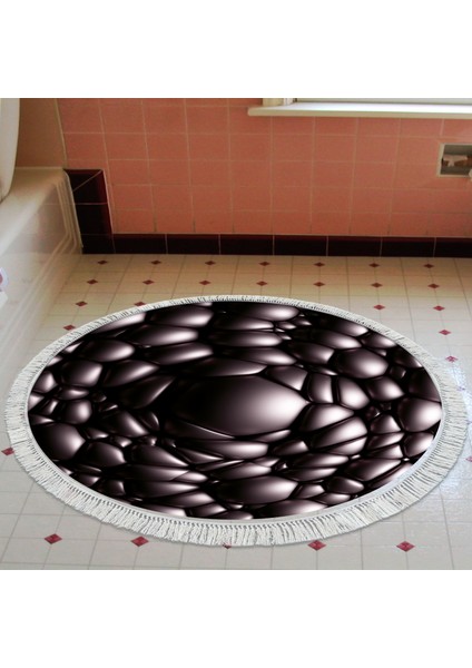 Kaymaz Dijital Mutfak & Salon Halı Trend Saçaklı Yuvarlak Geometrik E5009 Siyah